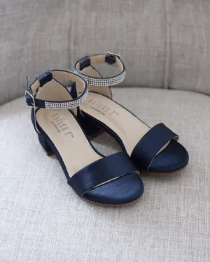 Satin Girls Block Heel Sandals with Mini Rhinestones Embellished Ankle Strap