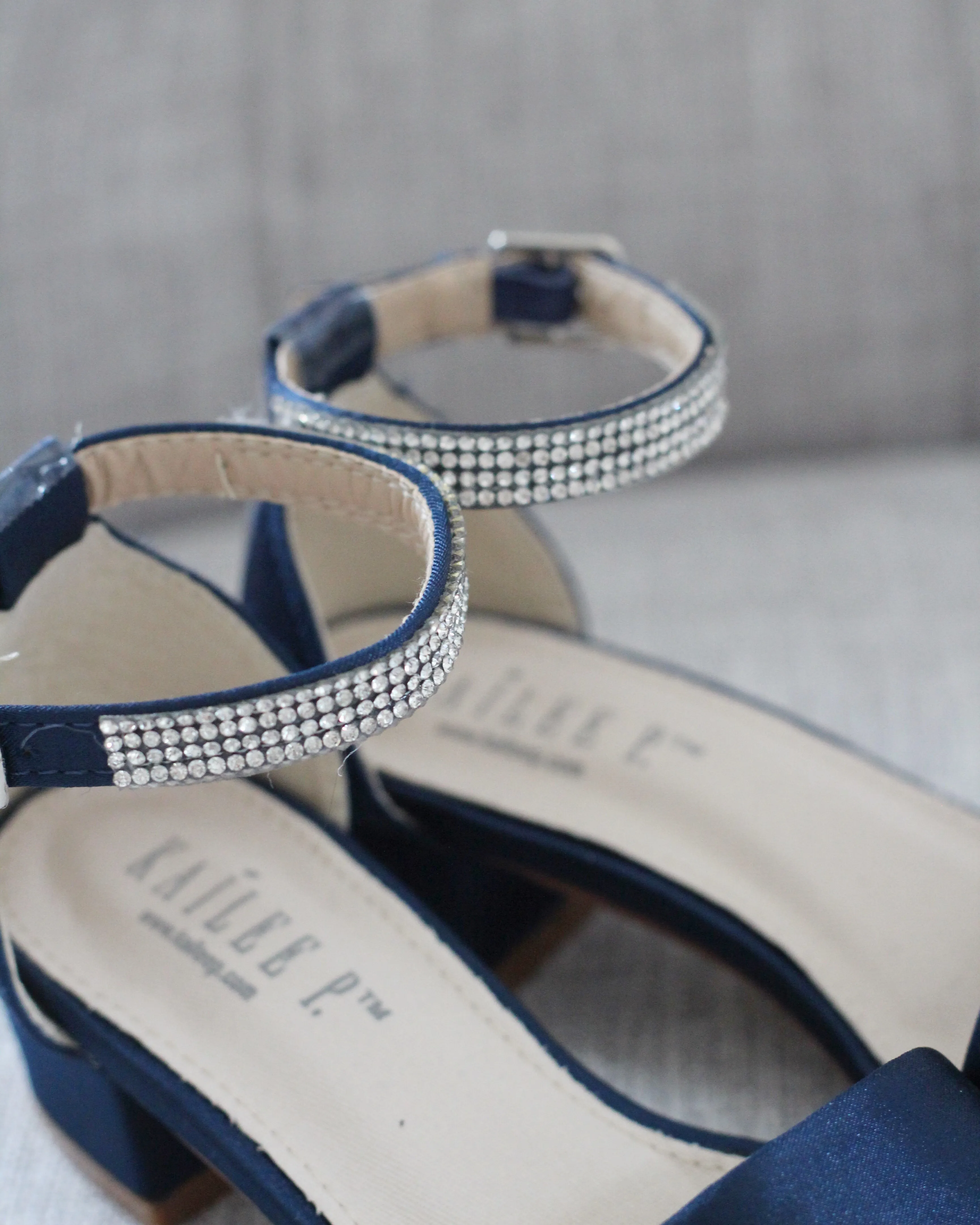 Satin Girls Block Heel Sandals with Mini Rhinestones Embellished Ankle Strap