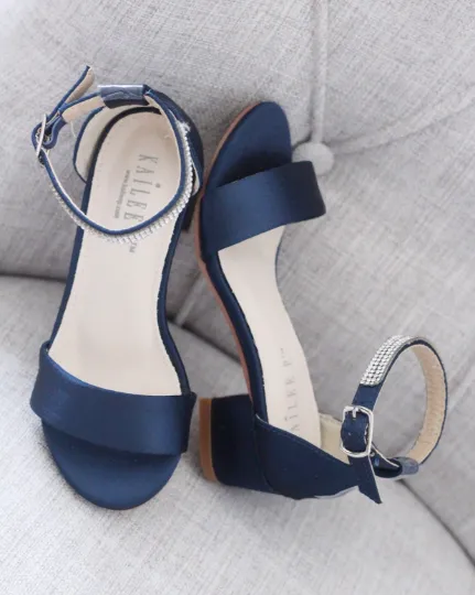 Satin Girls Block Heel Sandals with Mini Rhinestones Embellished Ankle Strap