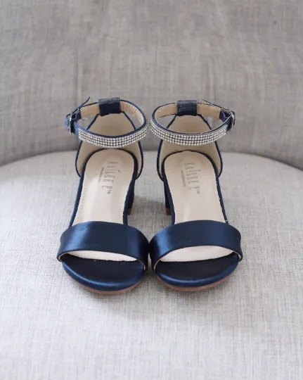 Satin Girls Block Heel Sandals with Mini Rhinestones Embellished Ankle Strap