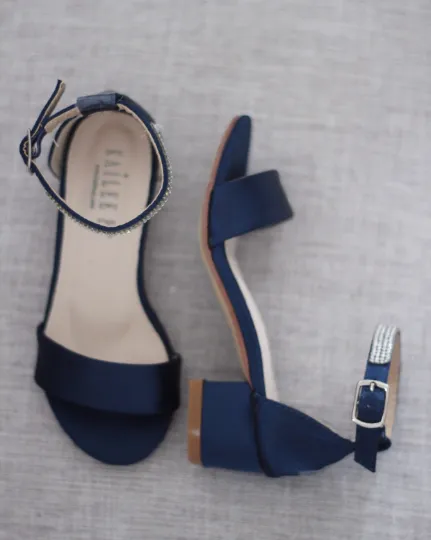 Satin Girls Block Heel Sandals with Mini Rhinestones Embellished Ankle Strap