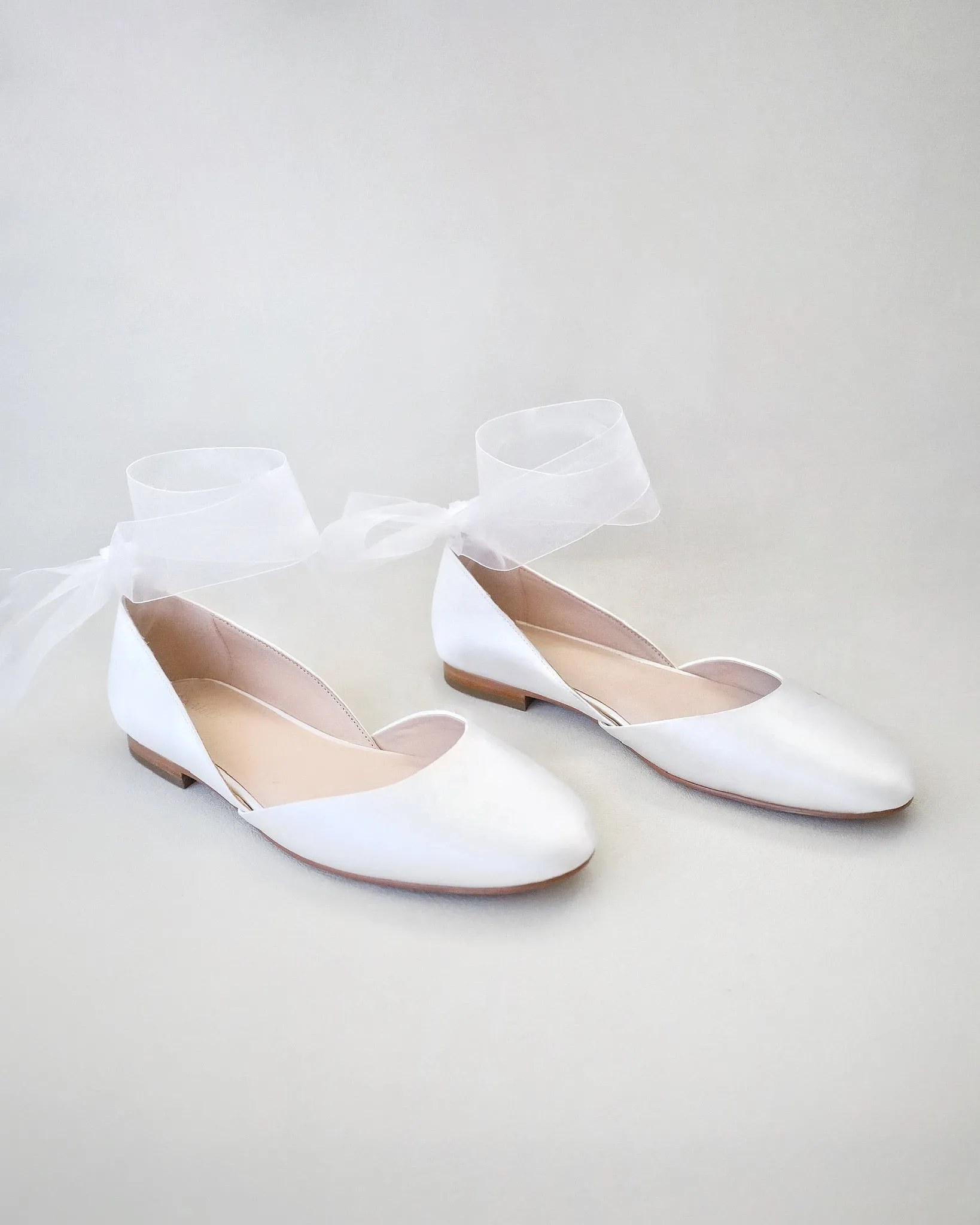 Satin Round Toe Bridal Flat with Wrapped Ribbon Tie