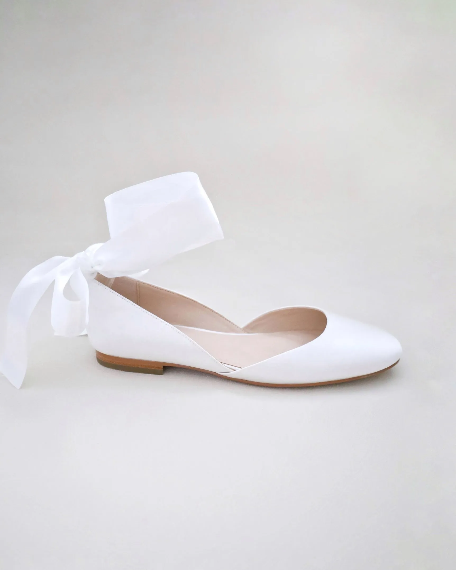 Satin Round Toe Bridal Flat with Wrapped Ribbon Tie