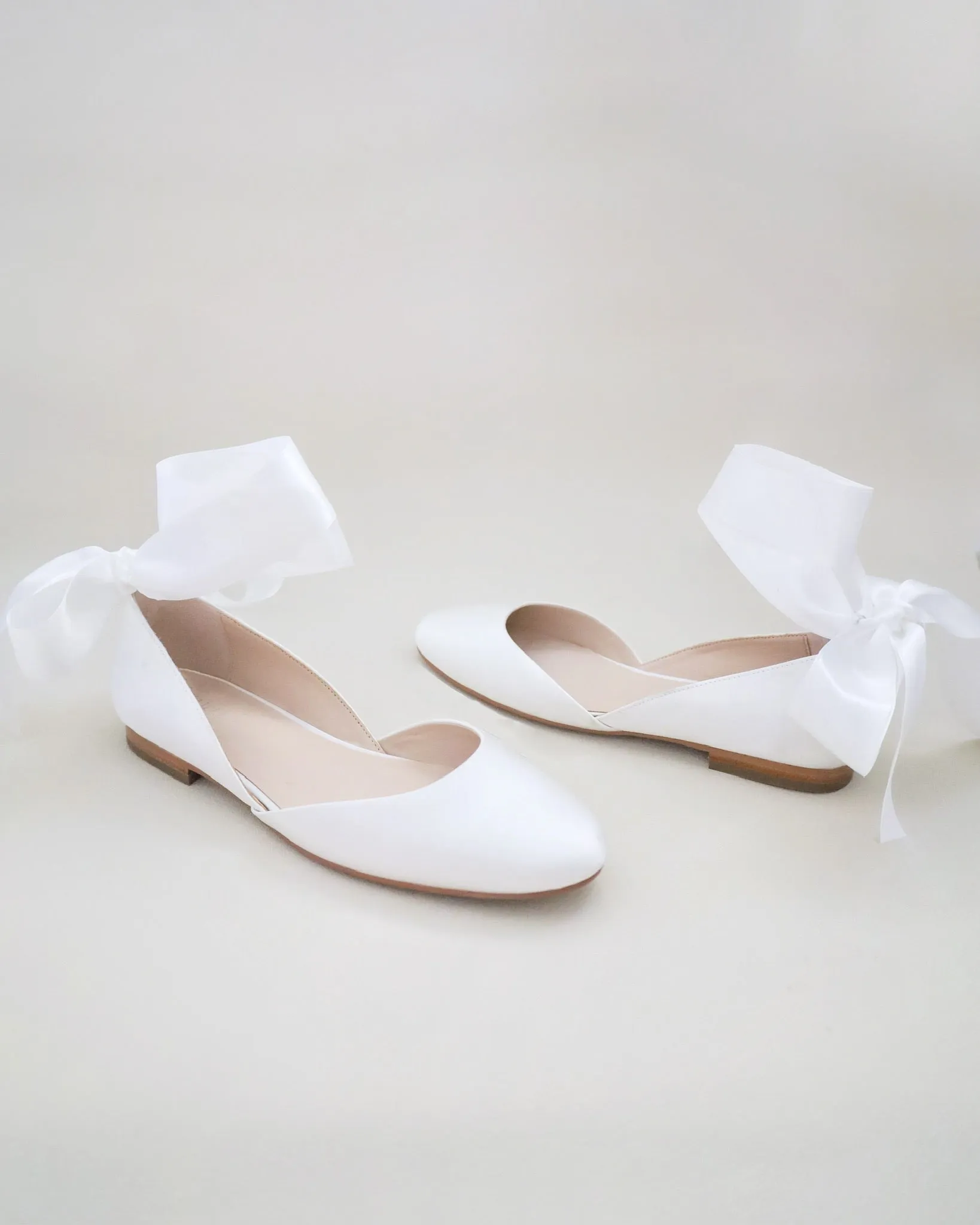 Satin Round Toe Bridal Flat with Wrapped Ribbon Tie