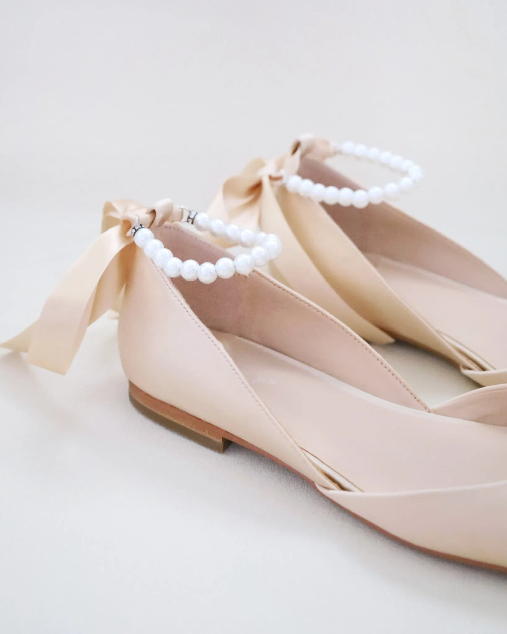 Satin Round Toe Evening Flat with Pearl Strap