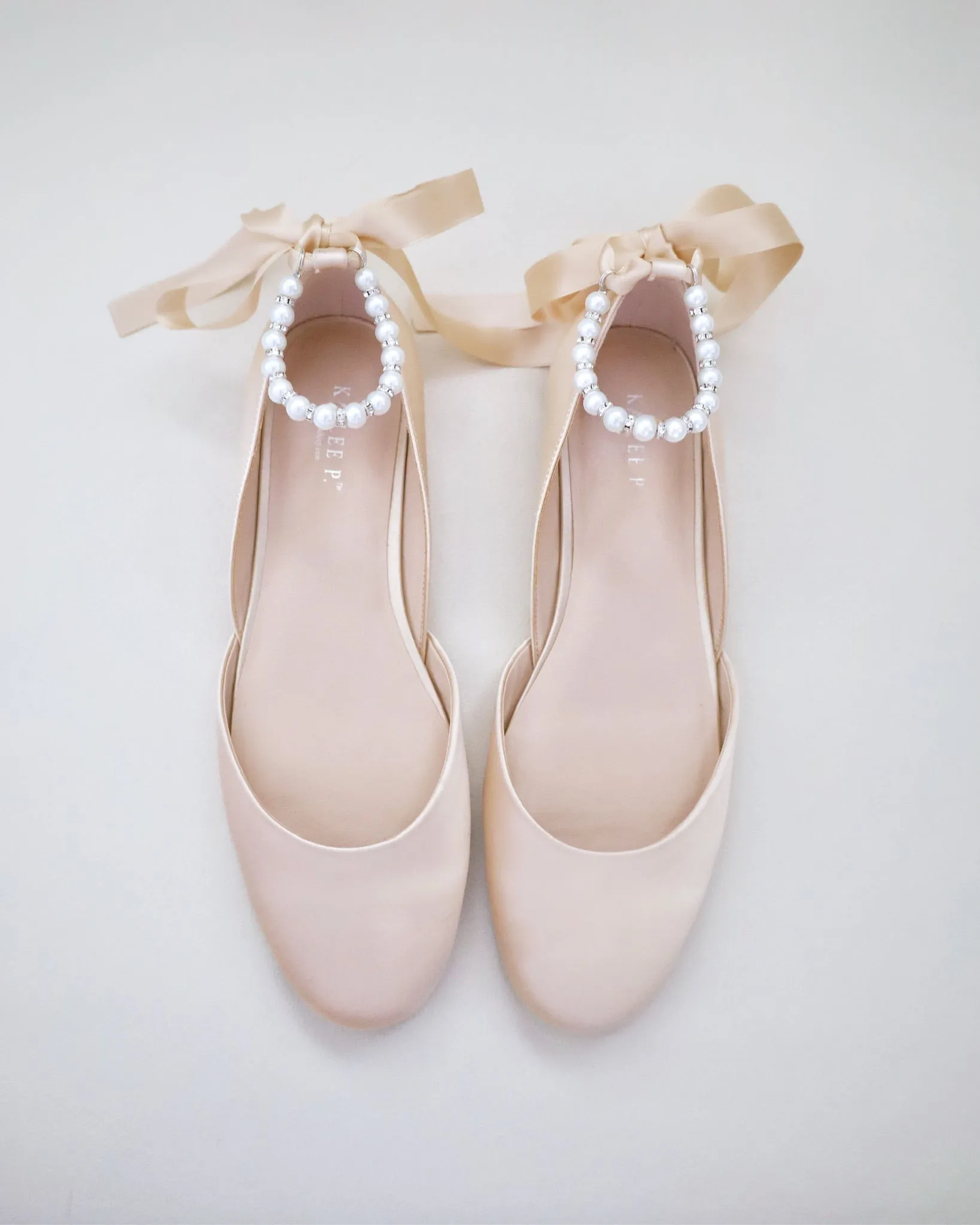 Satin Round Toe Evening Flat with Pearl Strap