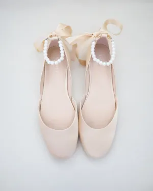 Satin Round Toe Evening Flat with Pearl Strap