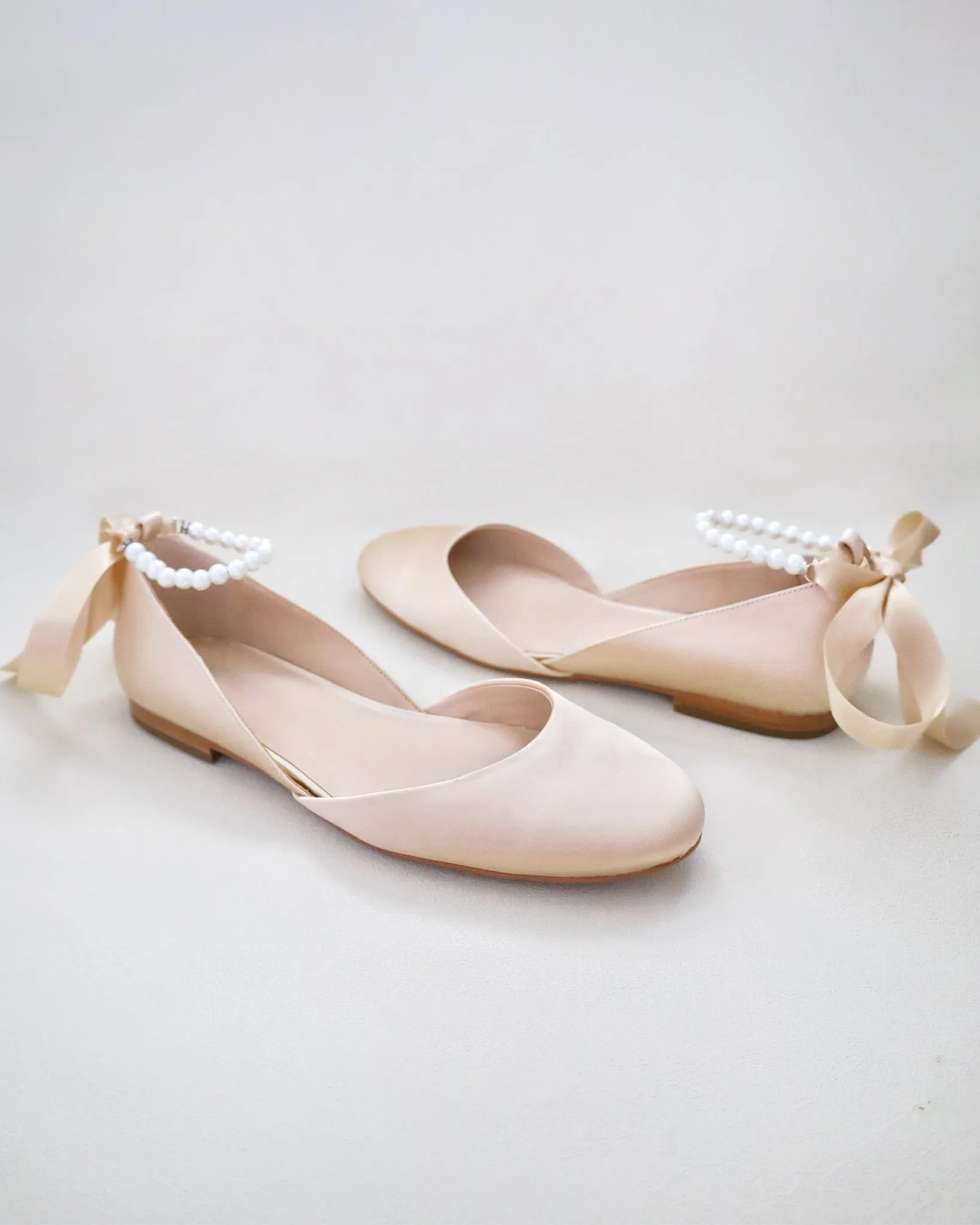 Satin Round Toe Evening Flat with Pearl Strap