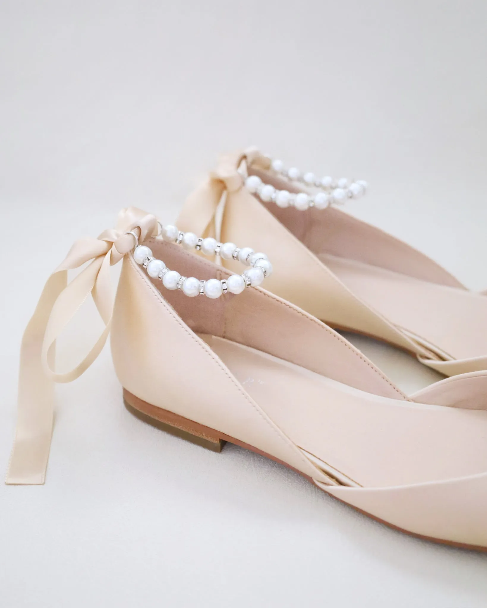Satin Round Toe Evening Flat with Pearl Strap