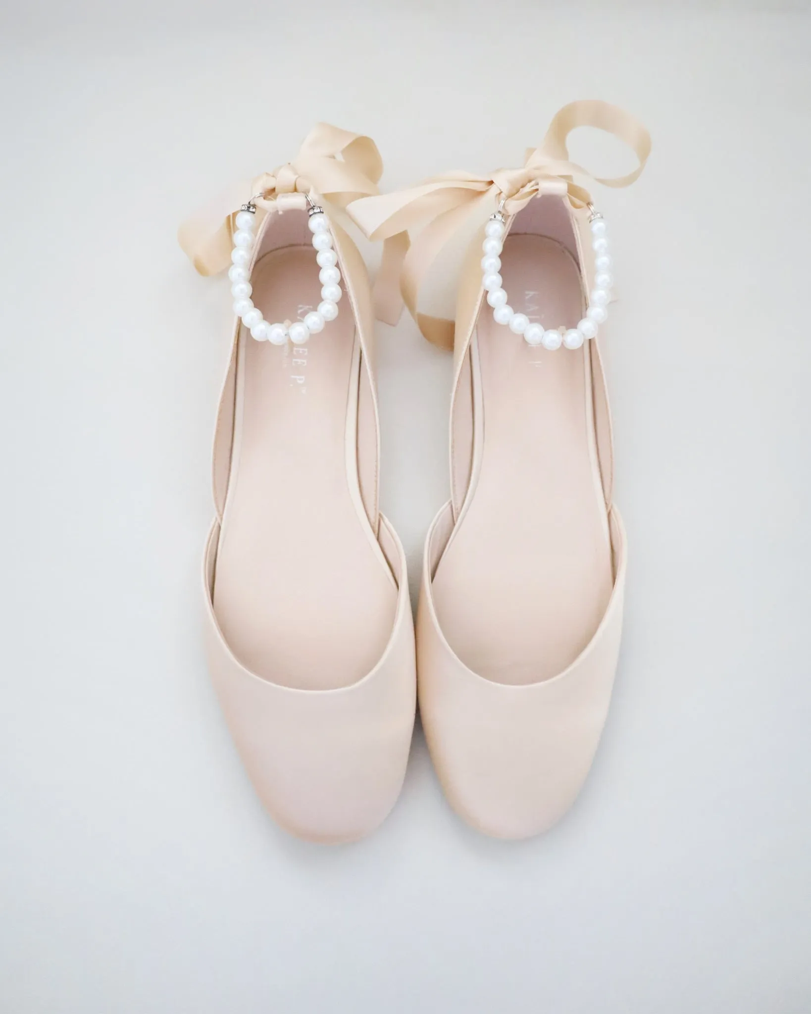 Satin Round Toe Evening Flat with Pearl Strap