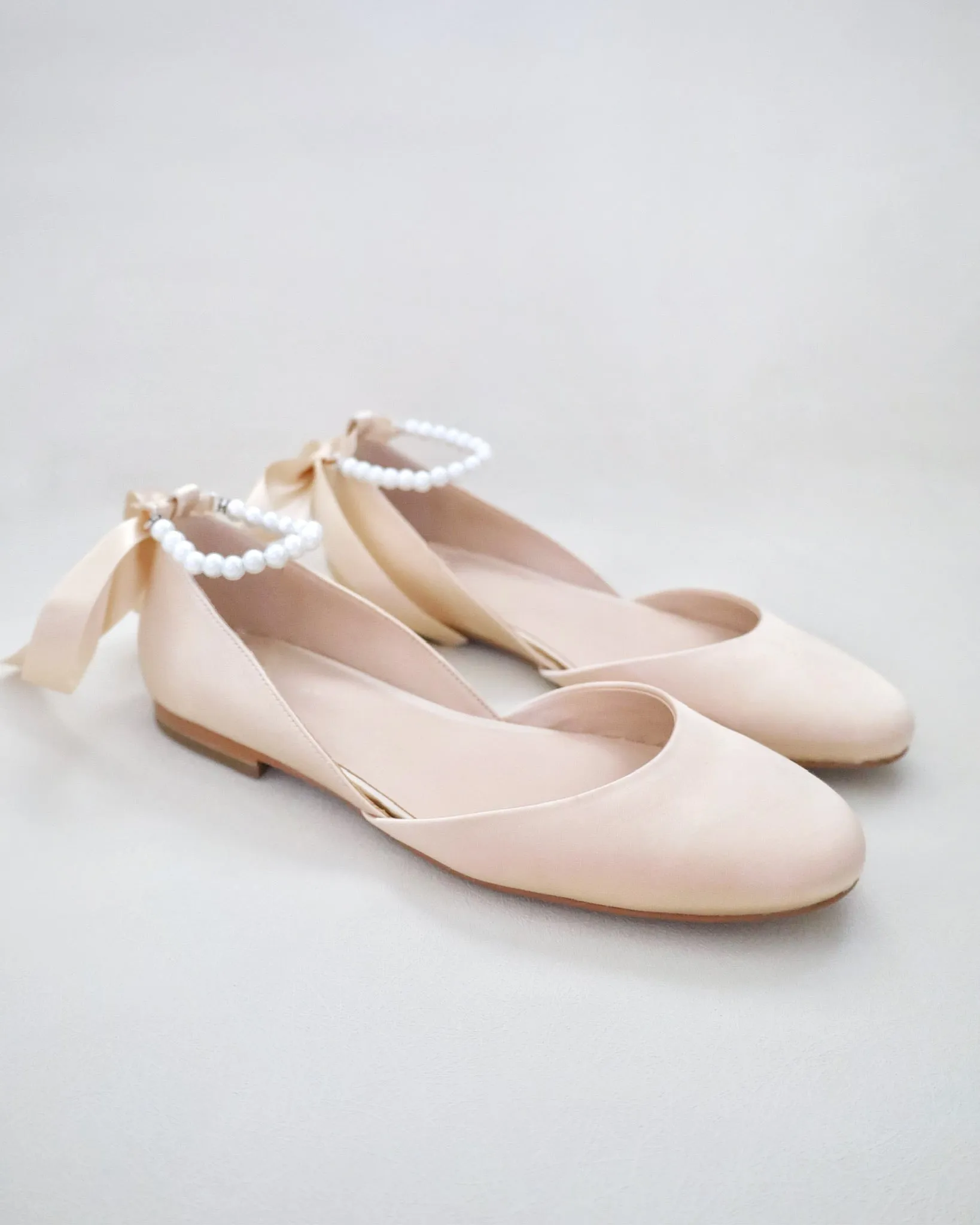 Satin Round Toe Evening Flat with Pearl Strap