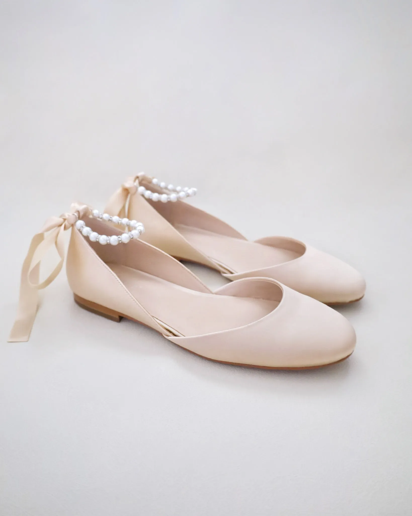Satin Round Toe Evening Flat with Pearl Strap