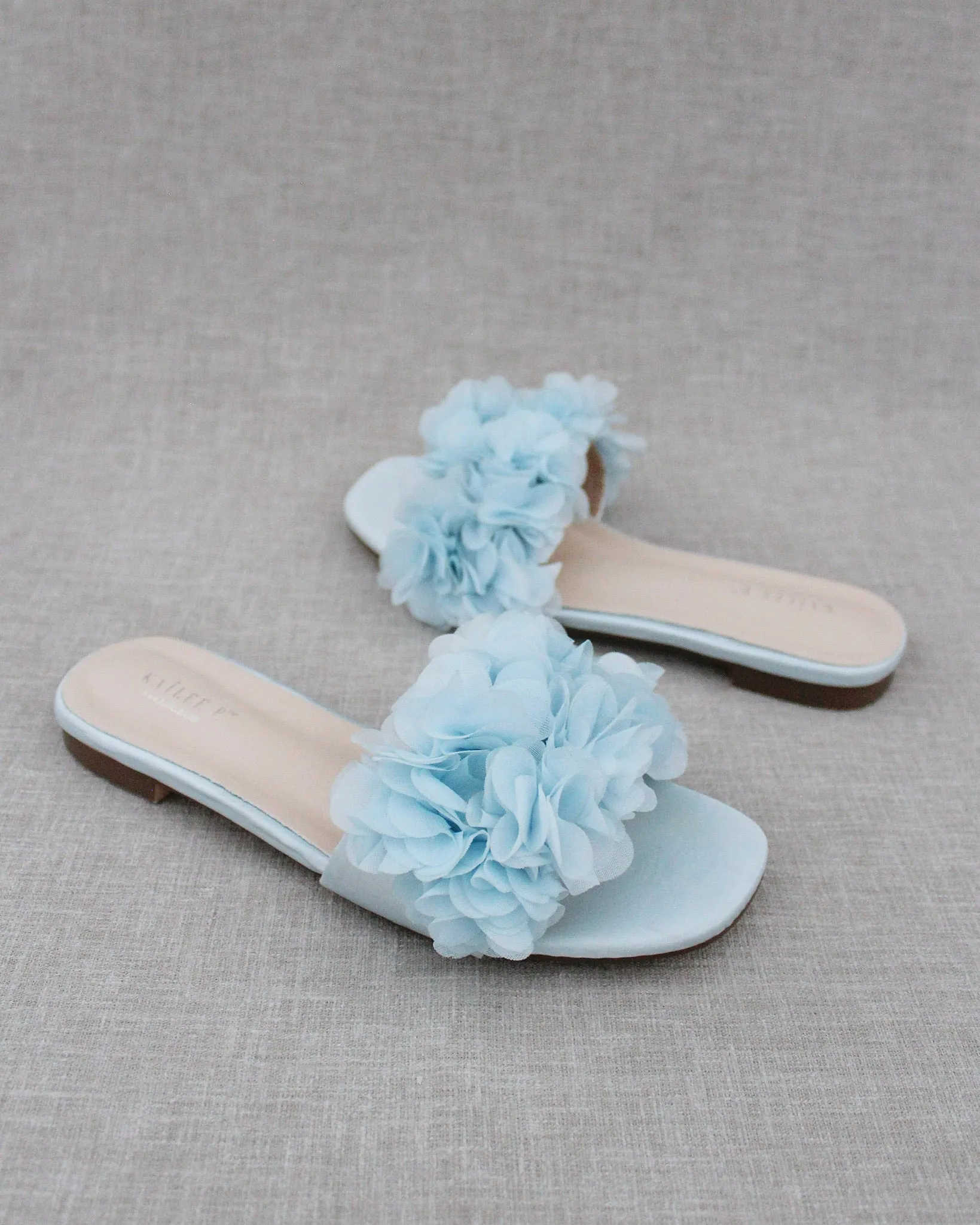Satin Slide Wedding Sandals with Allover Chiffon Flowers