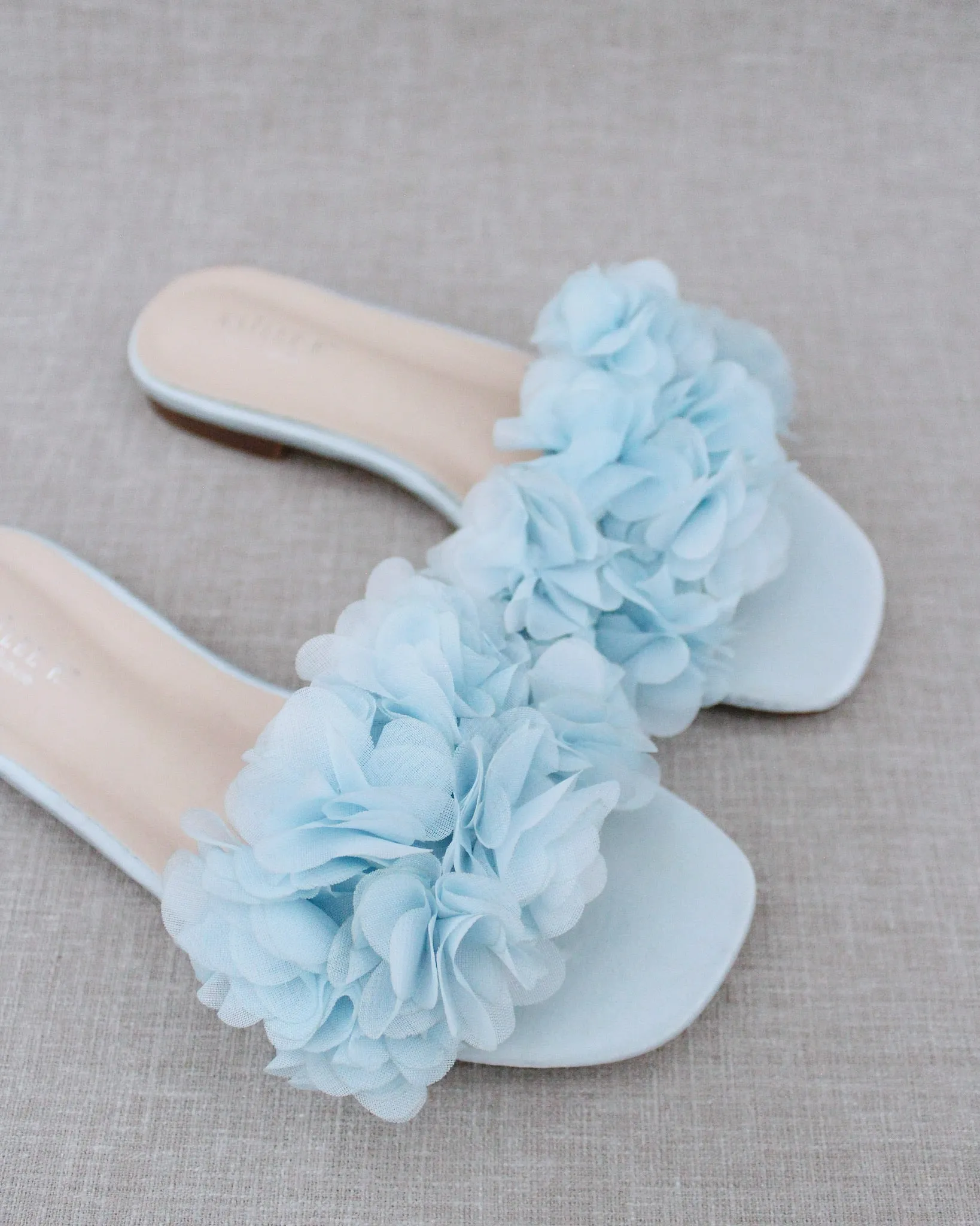 Satin Slide Wedding Sandals with Allover Chiffon Flowers