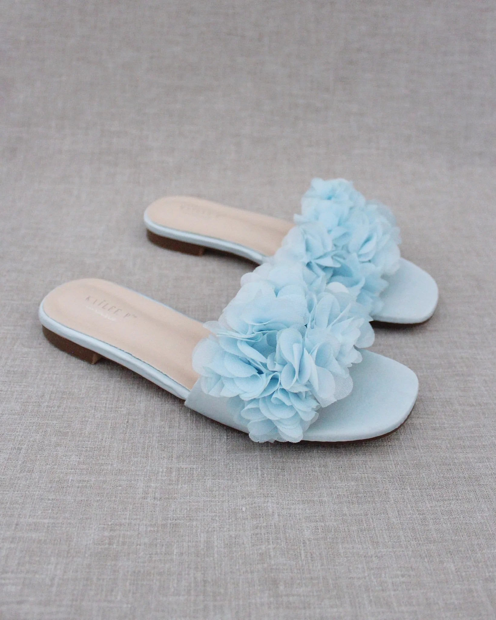 Satin Slide Wedding Sandals with Allover Chiffon Flowers
