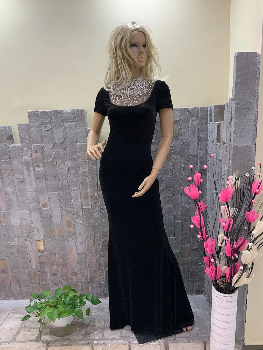 Semi-high Collar Short Sleeve Decent Maxi Bodycon Dress HT1255