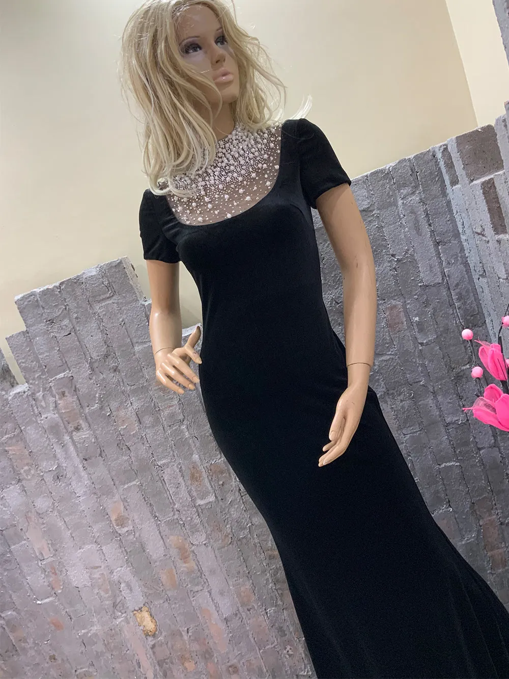 Semi-high Collar Short Sleeve Decent Maxi Bodycon Dress HT1255