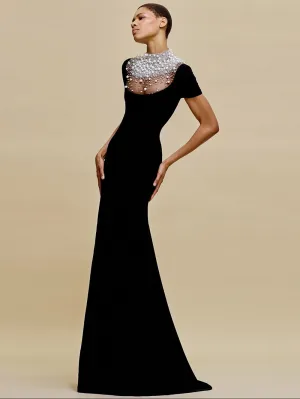 Semi-high Collar Short Sleeve Decent Maxi Bodycon Dress HT1255