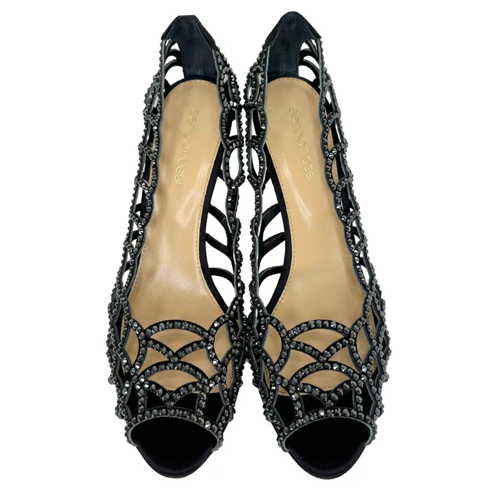 Sergio Rossi Black High Heel with Rhinestone Scales, 38.5