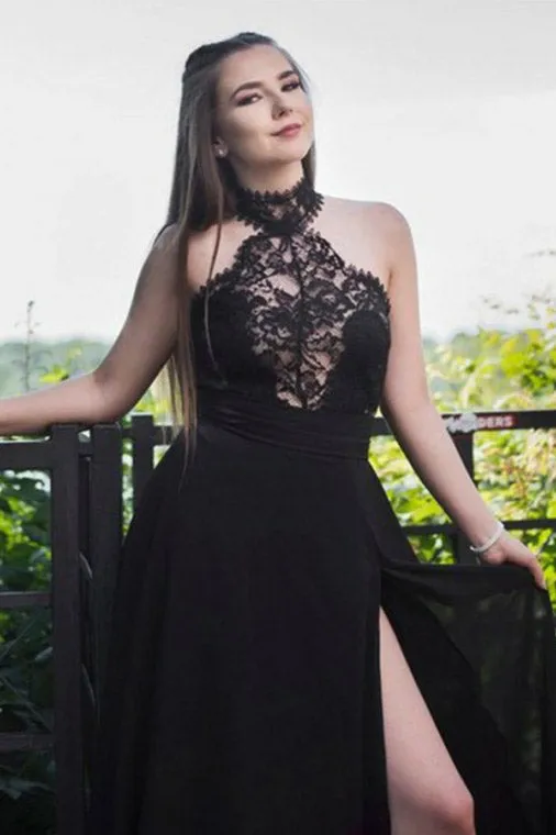 Sexy A-Line Halter Floor Length Sleeveless Long Chiffon Prom Dress with Lace Split OHC180