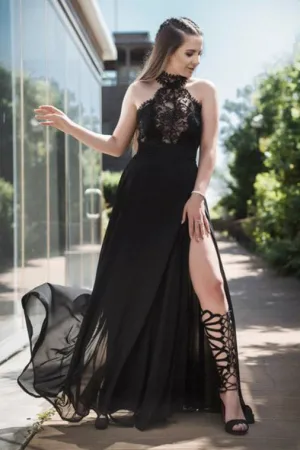 Sexy A-Line Halter Floor Length Sleeveless Long Chiffon Prom Dress with Lace Split OHC180