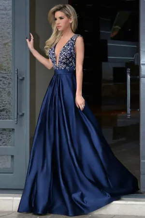 Sexy A-line V-neck Sweep Train Sleeveless Rhinestone Long Satin Prom Dress OHC195