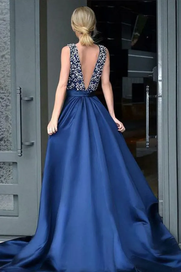 Sexy A-line V-neck Sweep Train Sleeveless Rhinestone Long Satin Prom Dress OHC195