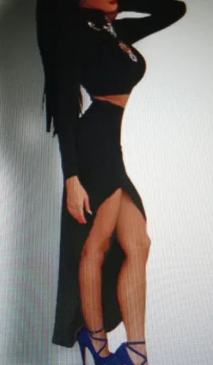 Sexy Black 2 Piece Long Sleeve Crop Top With Matching Long Slit Skirt
