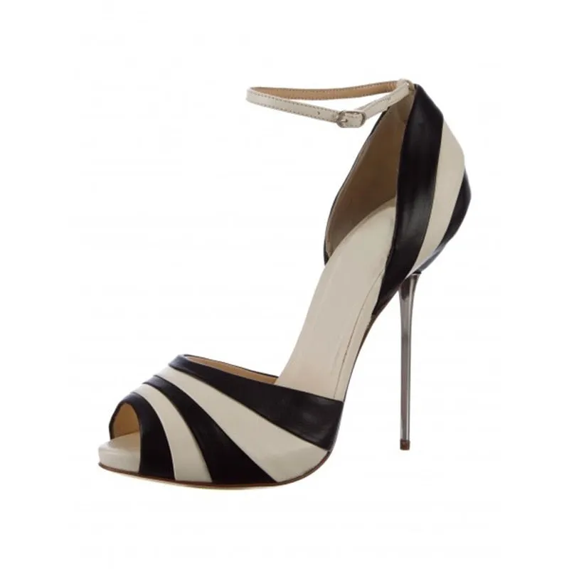 Sexy Black and White Stiletto Heels Ankle Strap Pumps