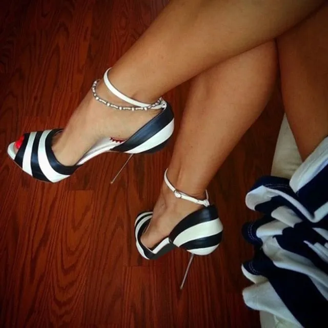 Sexy Black and White Stiletto Heels Ankle Strap Pumps