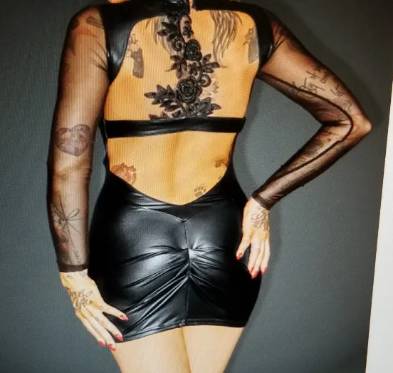 Sexy Black Rose Lace Vinyl Mini Dress