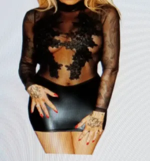 Sexy Black Rose Lace Vinyl Mini Dress