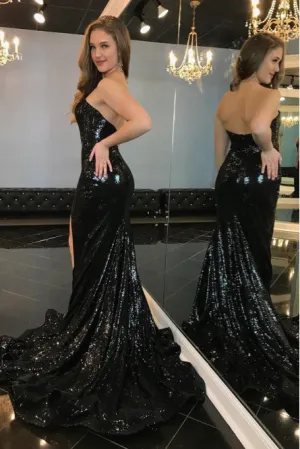 Sexy Black Sequined Split Prom Dress Sparkle Mermaid Strapless Long Evening Dress OHC030
