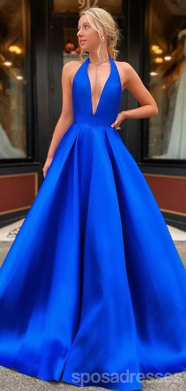 Sexy Blue A-line Halter V-neck Cheap Long Prom Dresses Online,12615