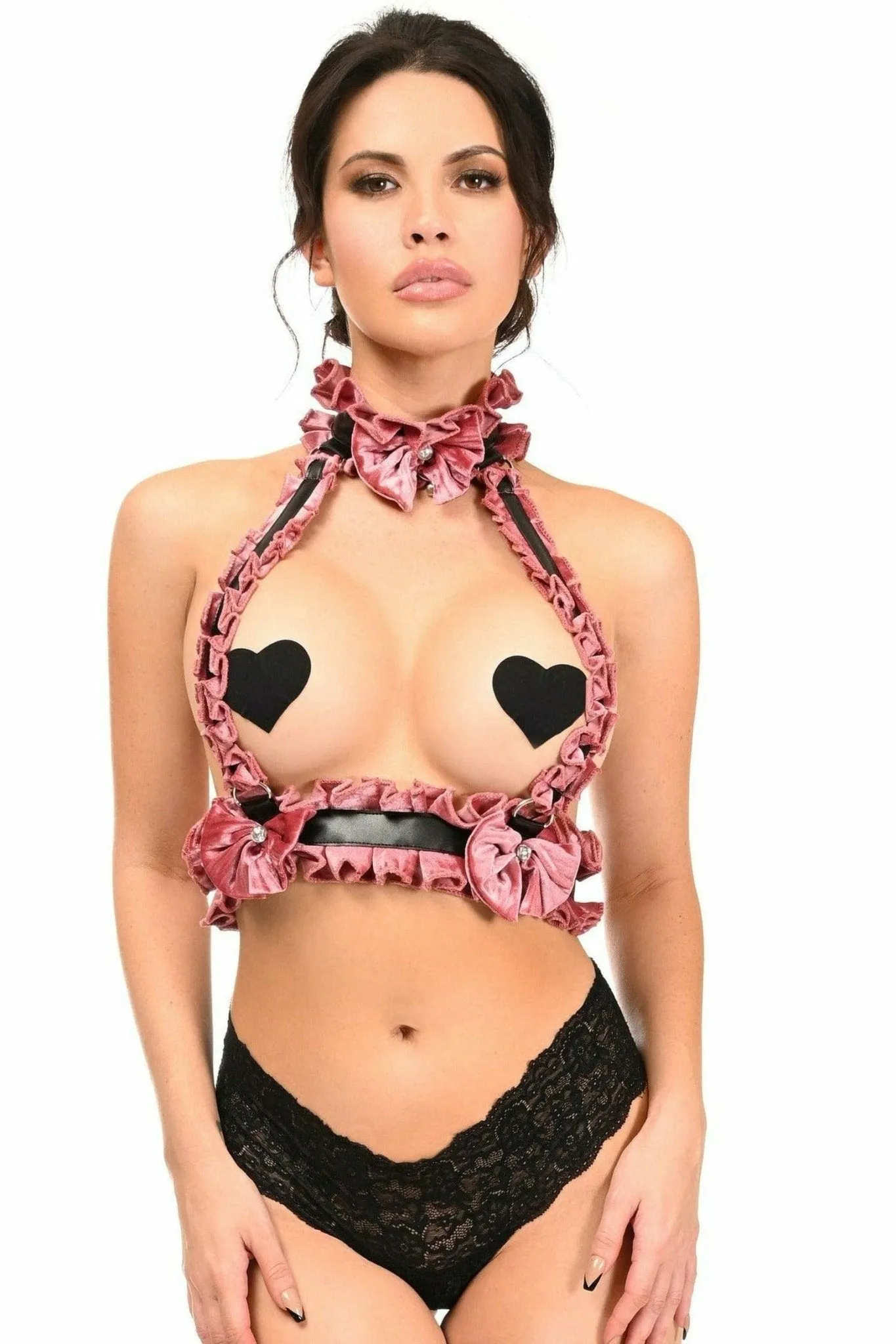 Sexy Dusty Rose Velvet Double Strap Body Harness