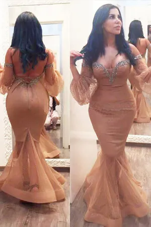 Sexy Mermaid Sweetheart 3/4 Sleeve Long Plus Size Prom Dresses With Beads OK658