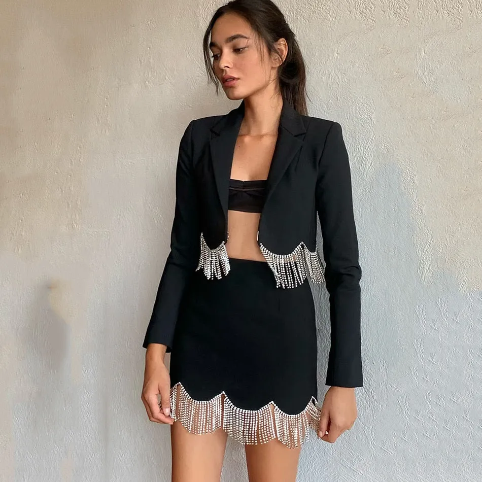 Sexy Rhinestone Tassel High Waist Short Suit Jacket   Mini Skirt 2 Piece Set
