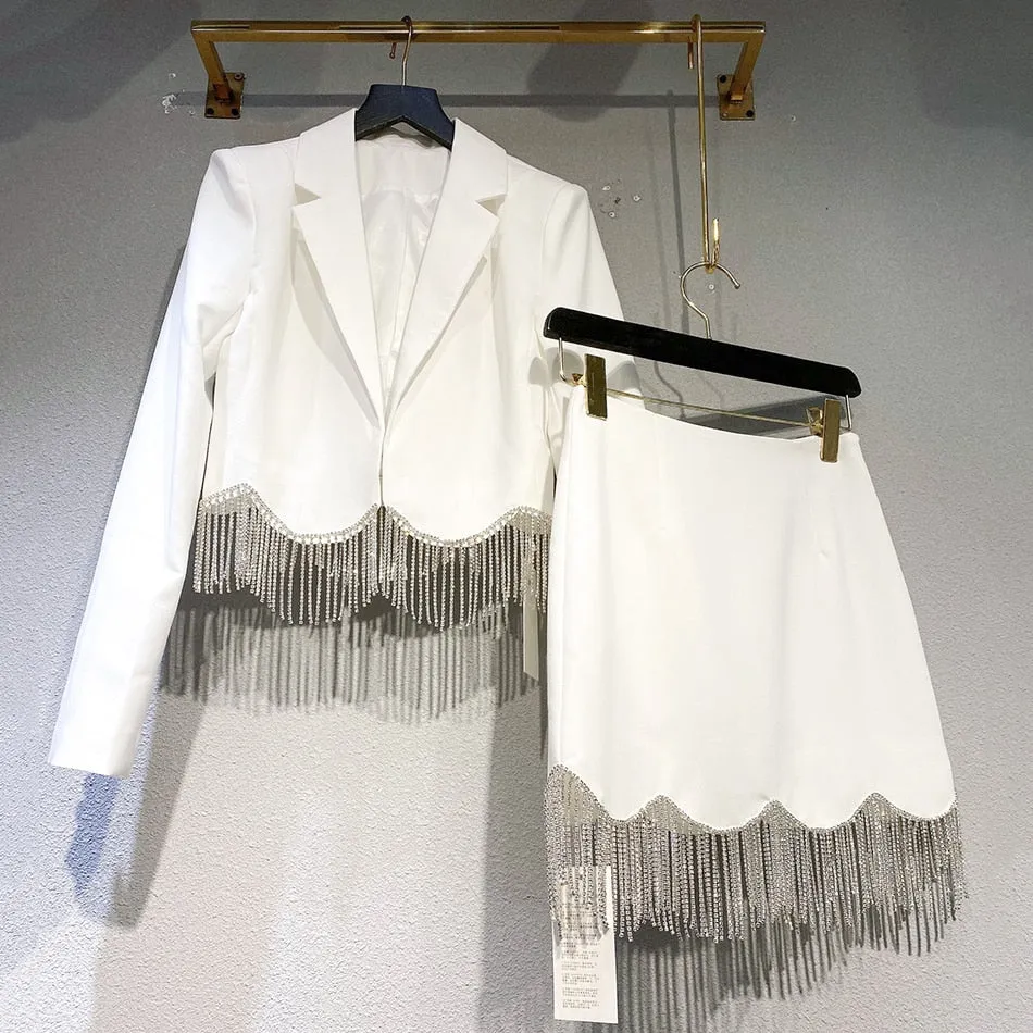 Sexy Rhinestone Tassel High Waist Short Suit Jacket   Mini Skirt 2 Piece Set