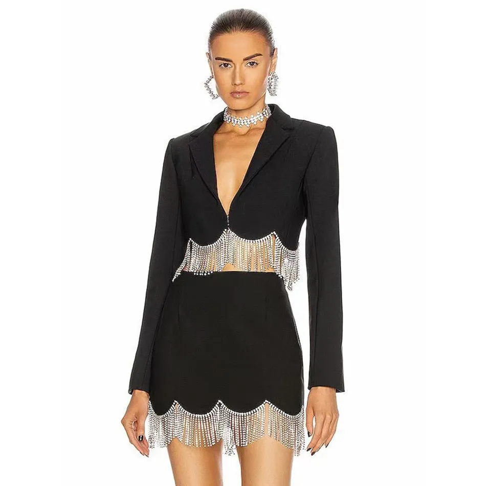 Sexy Rhinestone Tassel High Waist Short Suit Jacket   Mini Skirt 2 Piece Set