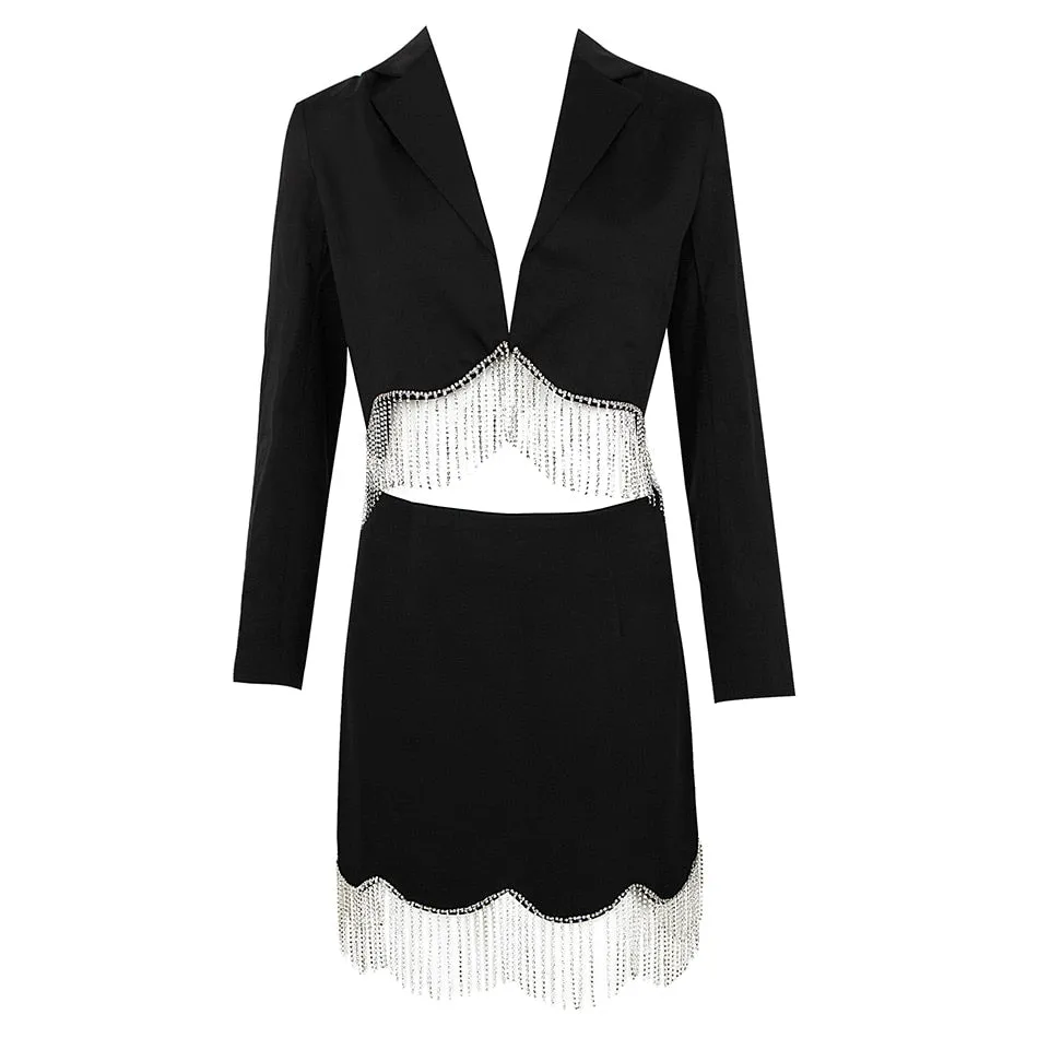 Sexy Rhinestone Tassel High Waist Short Suit Jacket   Mini Skirt 2 Piece Set
