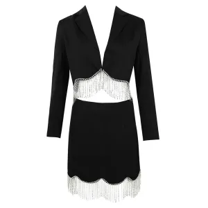 Sexy Rhinestone Tassel High Waist Short Suit Jacket   Mini Skirt 2 Piece Set