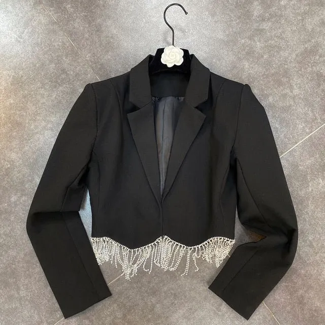 Sexy Rhinestone Tassel High Waist Short Suit Jacket   Mini Skirt 2 Piece Set