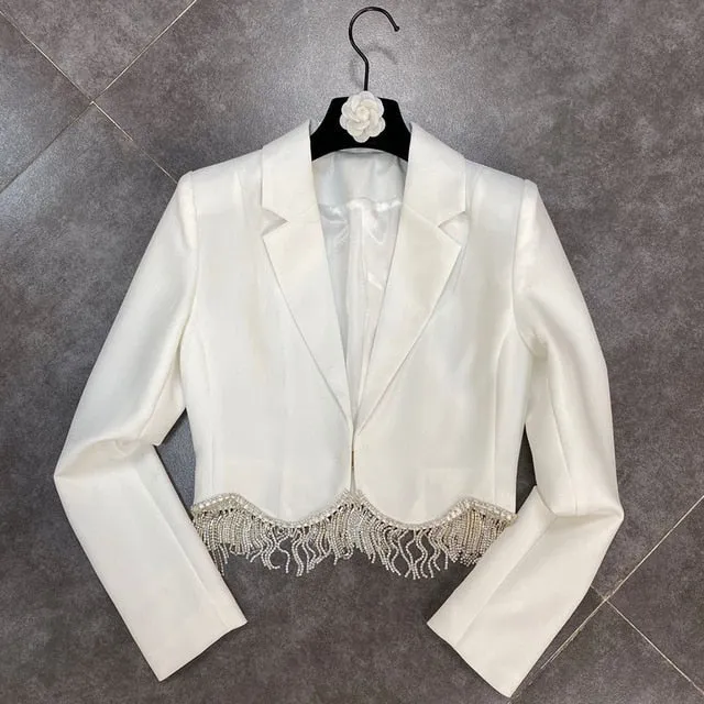 Sexy Rhinestone Tassel High Waist Short Suit Jacket   Mini Skirt 2 Piece Set