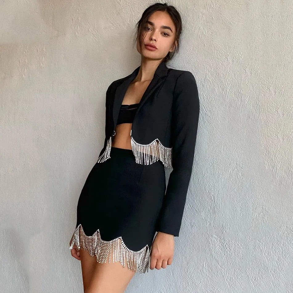 Sexy Rhinestone Tassel High Waist Short Suit Jacket   Mini Skirt 2 Piece Set