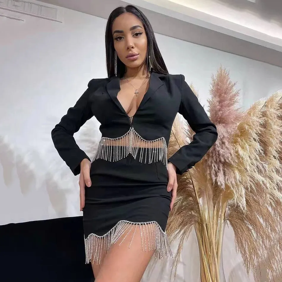 Sexy Rhinestone Tassel High Waist Short Suit Jacket   Mini Skirt 2 Piece Set