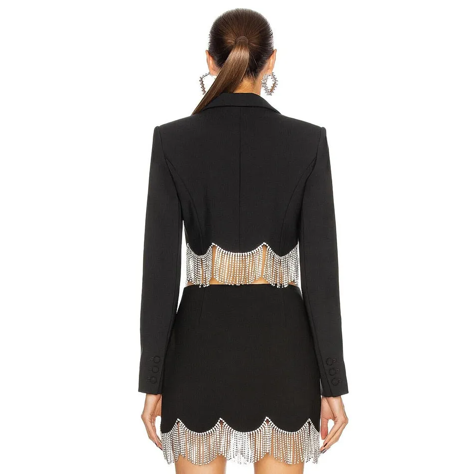 Sexy Rhinestone Tassel High Waist Short Suit Jacket   Mini Skirt 2 Piece Set