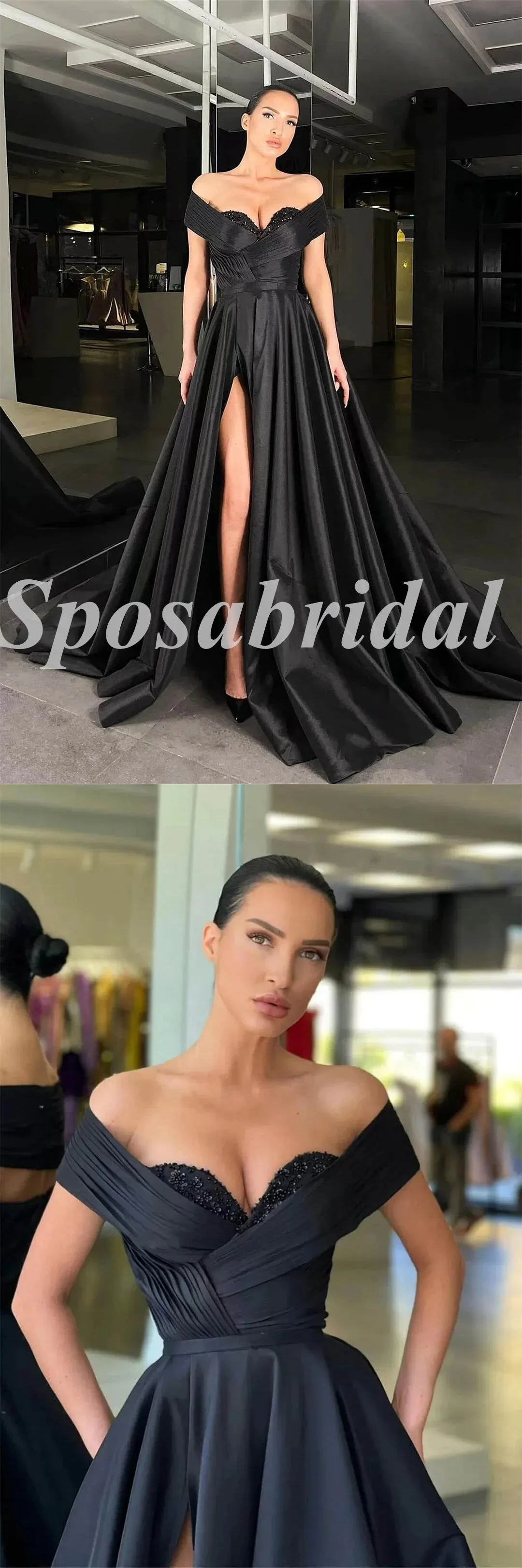Sexy Satin And Sequin Off Shoulder V-Neck Side Slit A-Line Long Prom Dresses, PD3615