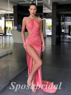 Sexy Satin Grecian Sleeveless Side Slit Mermaid Long Prom Dresses, PD3625