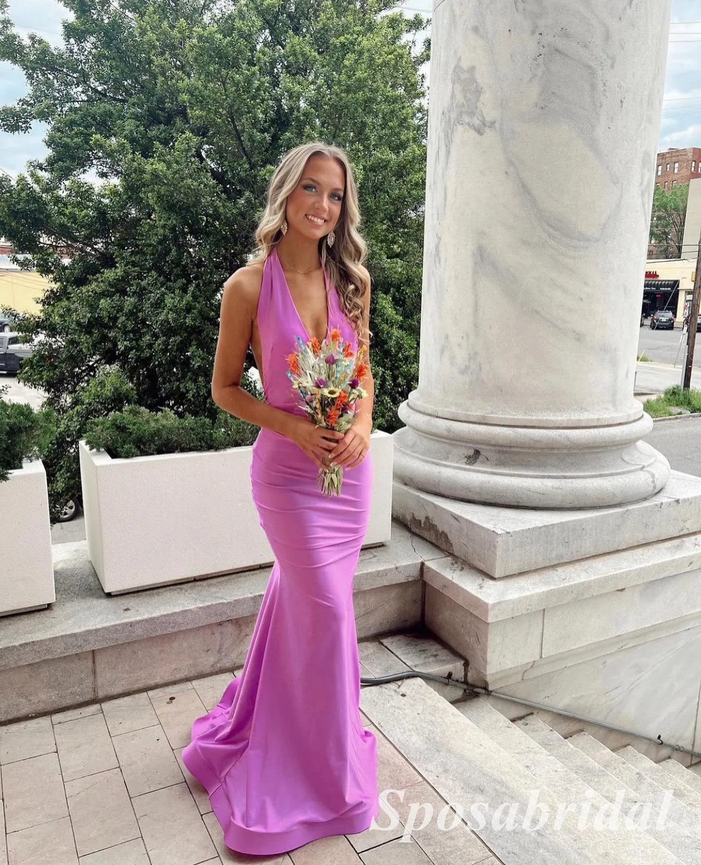 Sexy Satin Halter V-Neck Sleeveless Mermaid Long Prom Dresses,PD3726