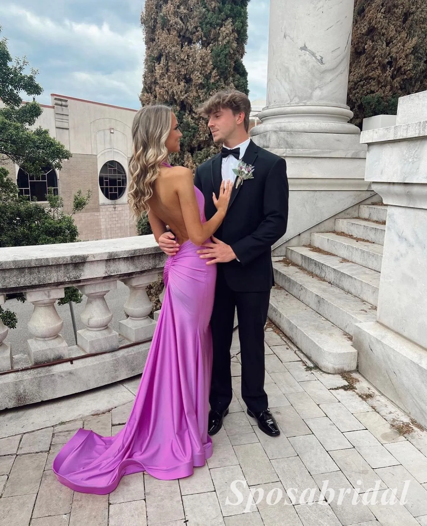 Sexy Satin Halter V-Neck Sleeveless Mermaid Long Prom Dresses,PD3726